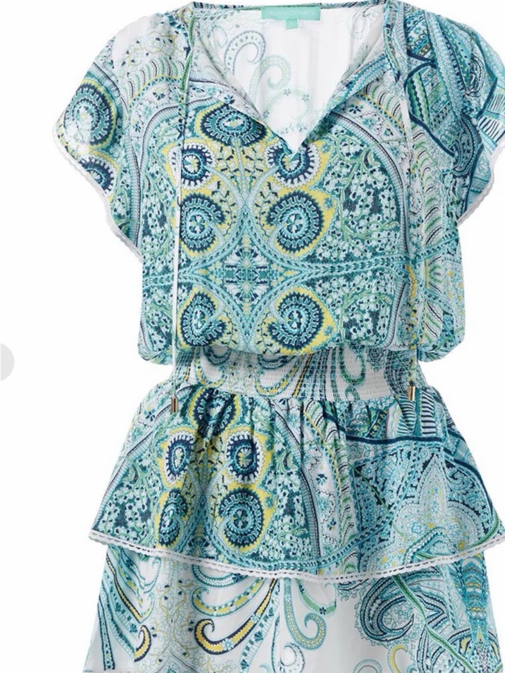 Melissa Odabash Blue, White, Green Paisley Ruffled Dress